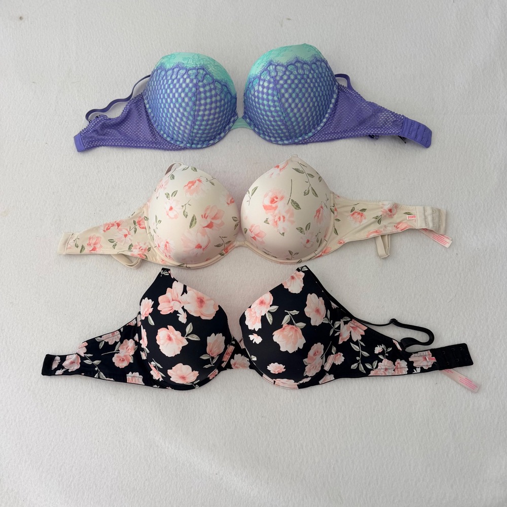 Victoria's Secret PINK Super Push Up Bra Lot 34DDD Floral Lace Underwire  Bundle